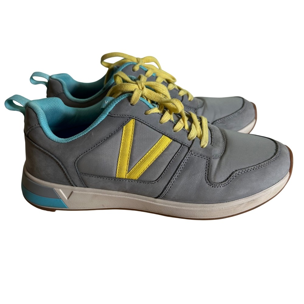 Vionic Rechelle Grey Yellow Teal Nubuck Nylon Active Walking Sneakers Womens 8.5
